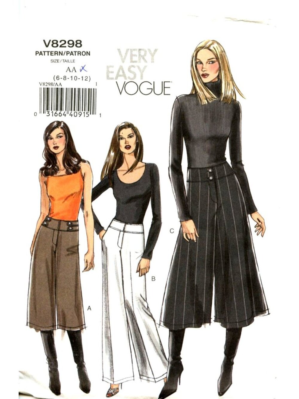 Vogue V8298 Sewing Pattern Misses Petite Pants & Gaucho Sizes 14-20 Very Easy